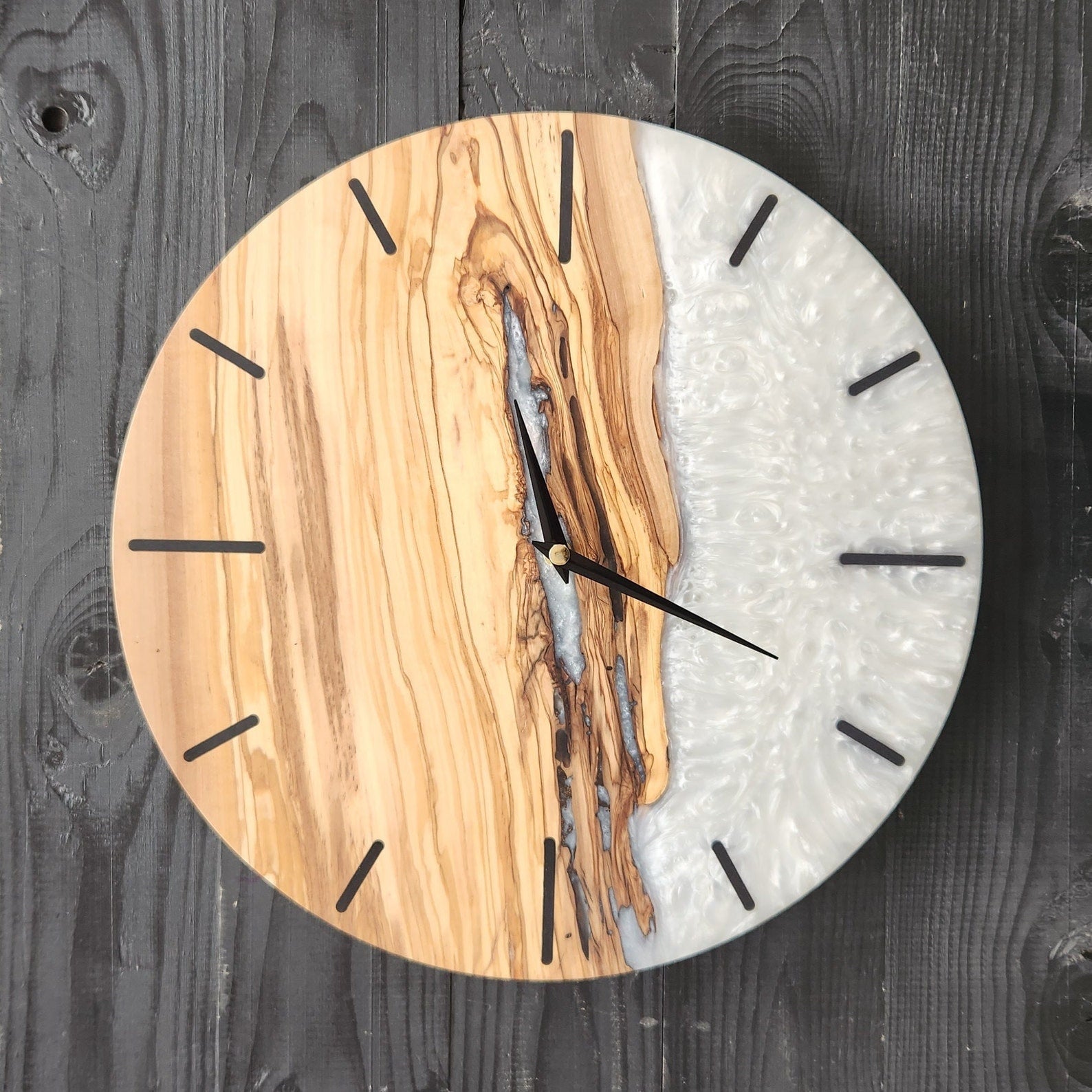 White Resin and olive wood wall clock
