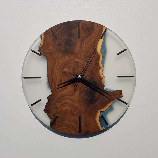 Custom Made Silverberry Burl and Epoxy Wall Clock, Custom made large wall clock, Live Edge Modern Home Clocks