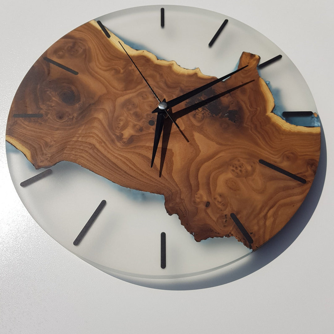 Custom Made Silverberry Burl and Epoxy Wall Clock, Custom made large wall clock, Live Edge Modern Home Clocks