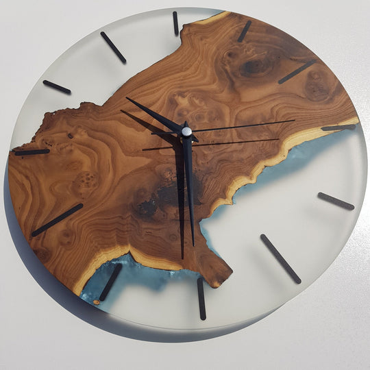 Custom Made Silverberry Burl and Epoxy Wall Clock, Custom made large wall clock, Live Edge Modern Home Clocks