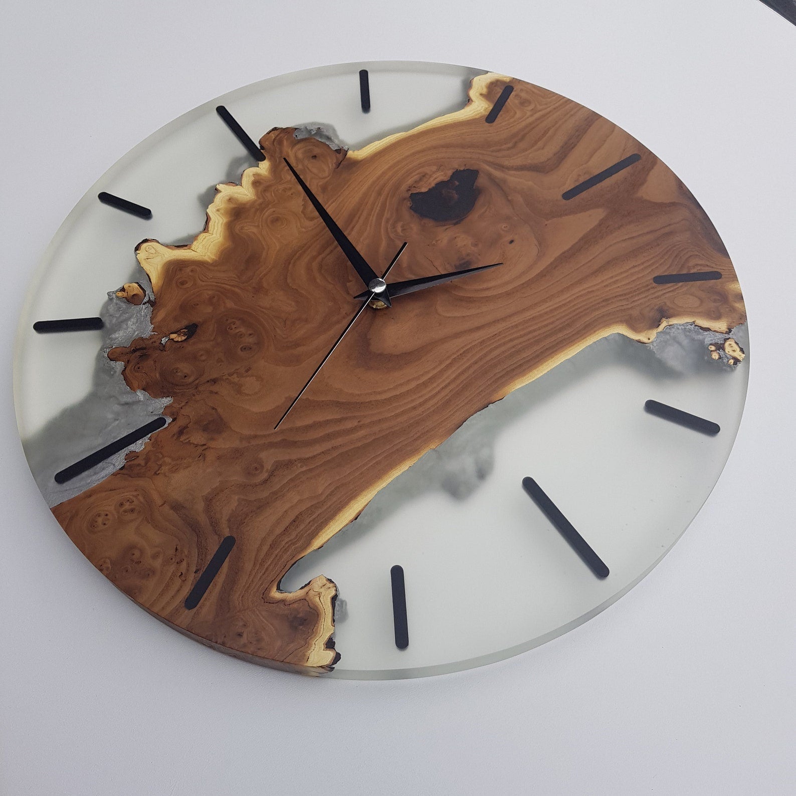 Clear resin and wooden wall clock